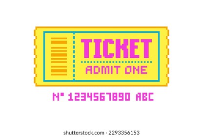 Pixel Ticket in Y2k style. Vector ticket in 8-bit retro game style isolated on whithe backgound. Cinema, theater, concert, game, party, event. Digital ticket icon. Geek style coupon