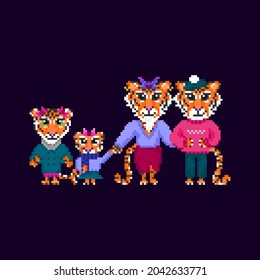 Pixel tiger on dark background. Cute tigers in funny suits. New Year symbol.