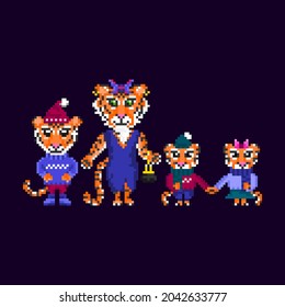 Pixel tiger on dark background. Cute tigers in funny suits. New Year symbol.