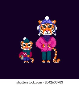 Pixel tiger on dark background. Cute tigers in funny suits. New Year symbol.