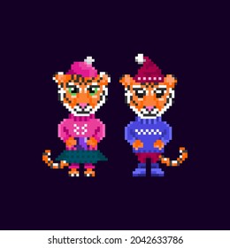 Pixel tiger on dark background. Cute tigers in funny suits. New Year symbol.