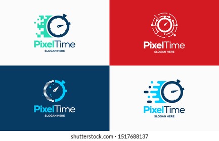 Pixel Time Logo designs concept vector, Technology Stopwatch Logo designs symbol, icon, template vector