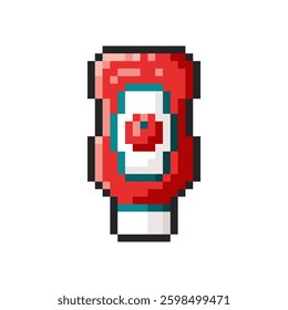 Pixel tomato ketchup bottle isolated on transparent background. Pixelated badge, game asset or computer arcade item. Red sauce icon. Vector pixel art illustration in 16 bit old style.