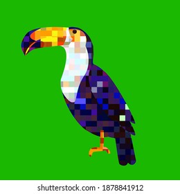 Pixel toucan bird with square color vector illustration. Pixel art animal,drawn,colorful.
