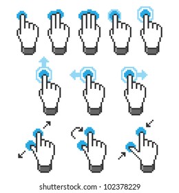 Pixel Touch Screen Gestures. Vector Illustration.