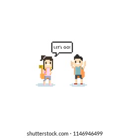 Pixel tourist with let's go text.8bit character.