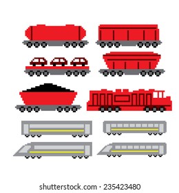Pixel trains icons set. Old school computer graphic style.