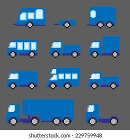 Pixel  transportation icon set. Old school computer graphic style.