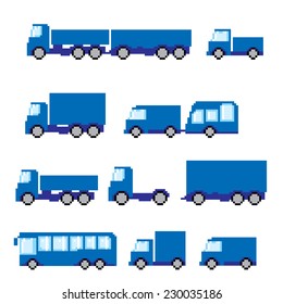 Pixel  transportation icon set. Old school computer graphic style.