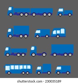 Pixel  transportation icon set. Old school computer graphic style.