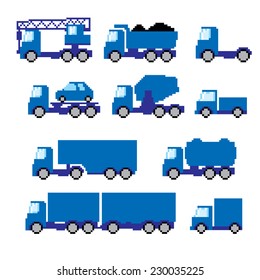 Pixel  transportation icon set. Old school computer graphic style.