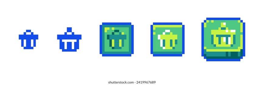 Pixel Trash Bin Icon Set for Retro Game UI. Retro 8-Bit Style Delete Buttons