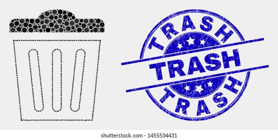 Pixel trashcan mosaic pictogram and Trash seal stamp. Blue vector round scratched stamp with Trash message. Vector composition in flat style. Black isolated trashcan illustration of random dots,