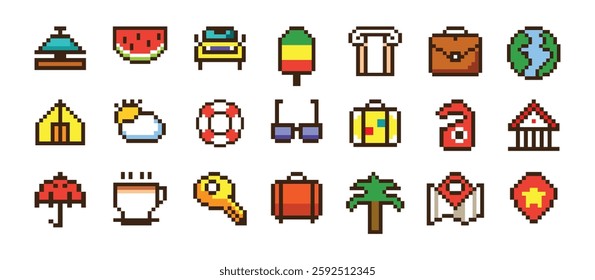 Pixel travel icons set with colorful symbols of tourism and vacation destinations in a minimalistic styleand isolated on a white background. Vector. 