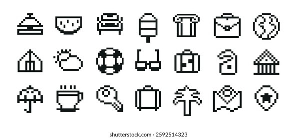 Pixel travel icons set featuring black and white symbols of tourism and vacation destinations in a minimalistic style, isolated on a white background. Vector illustration.