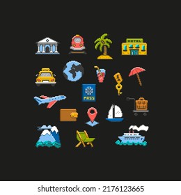 Pixel Travel Vacation Icons Design Element para juegos, aplicaciones, pegatinas