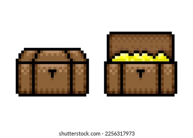 Pixel treasure chest icon. Chest with gold. Color silhouette. Front view. Editable pixels. Vector simple flat graphic illustration. Isolated object on a white background. Isolate.