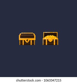 Pixel treasure chest.Close and open chest with gold coins.8 bit chest vector illustration.