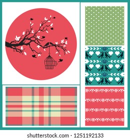 Pixel tree and bird flies out of the cage and four seamless backgrounds, winter pixel motives, polka dot, plaid, red, green and blue colors. Ideal for Valentines Days and Winter holidays greeting card