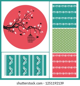 Pixel tree and bird flies out of the cage and four seamless backgrounds, winter pixel motives, polka dot, plaid, red, green and blue colors. Ideal for Valentines Days and Winter holidays greeting card