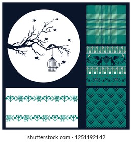 Pixel tree and bird flies out of the cage and four seamless backgrounds, winter pixel motives, plaid, blue colors. Ideal for Valentines Days and Winter holidays  greeting card
