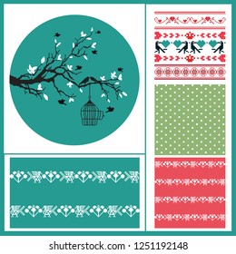 Pixel tree and bird flies out of the cage and four seamless backgrounds, winter pixel motives, polka dot, plaid, red, green and blue colors. Ideal for Valentines Days and Winter holidays greeting card