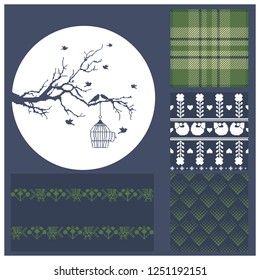 Pixel tree and bird flies out of the cage and four seamless backgrounds, winter pixel motives, plaid, green and blue colors. Ideal for Valentines Days and Winter holidays  greeting card
