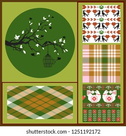 Pixel tree and bird flies out of the cage and four seamless backgrounds, winter pixel motives, green and brown colors. Ideal for Valentines Days and Winter holidays greeting card