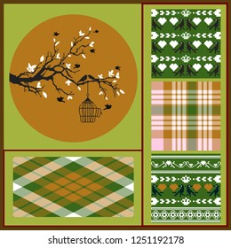Pixel tree and bird flies out of the cage and four seamless backgrounds, winter pixel motives, green and brown colors. Ideal for Valentines Days and Winter holidays greeting card