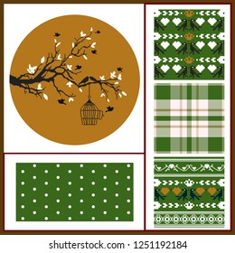 Pixel tree and bird flies out of the cage and four seamless backgrounds, winter pixel motives, polka dot, green and brown colors. Ideal for Valentines Days and Winter holidays greeting card
