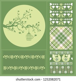 Pixel tree and bird flies out of the cage and four seamless backgrounds, winter pixel motives, plaid, green colors. Ideal for Valentines Days and Winter holidays greeting card