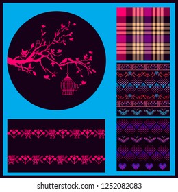 Pixel tree and bird flies out of the cage and four seamless backgrounds, winter pixel motives, plaid, pink and blue colors. Ideal for Valentines Days and Winter holidays greeting card