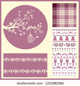 Pixel tree and bird flies out of the cage and four seamless backgrounds, winter pixel motives, plaid, pink colors. Ideal for Valentines Days and Winter holidays greeting card