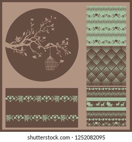 Pixel tree and bird flies out of the cage and four seamless backgrounds, winter pixel motives, plaid, brown colors. Ideal for Valentines Days and Winter holidays greeting card