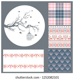 Pixel tree and bird flies out of the cage and four seamless backgrounds, winter pixel motives, plaid, pink and blue colors. Ideal for Valentines Days and Winter holidays greeting card