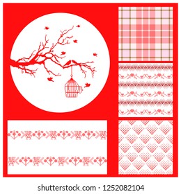 Pixel tree and bird flies out of the cage and four seamless backgrounds, winter pixel motives, plaid, red colors. Ideal for Valentines Days and Winter holidays greeting card