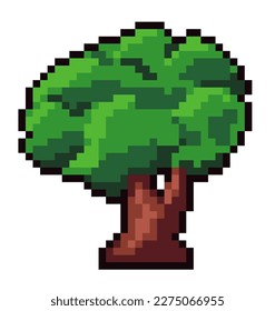 Pixel tree with leaves and branches, twigs and foliage. Tree for forest or woods, nature and wildlife, setting for play. Pixelated isolated icon for 8 bit game, retro design. Vector in flat style
