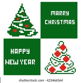 Pixel Tree and Merry Christmas and Happy New Year. Pixel Tree vector. Merry Christmas vector Christmas vector Christmas Pattern typography flyer template Poster card banner design 