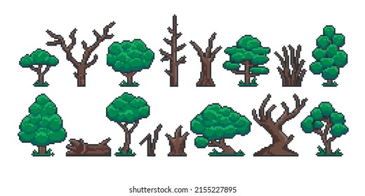 Pixel tree trunk. Retro 8 bit video game sprite asset, green trees old dry stump trunk and log game interface objects. Vector isolated set. Illustration of trunk tree game