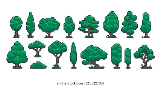 Pixel trees. Cartoon 8 bit retro game nature plant and environment object, video game sprite asset. Vector forest landscape elements isolated set. Illustration of pixel leaf tree retro