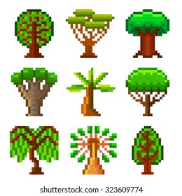 Pixel trees for games icons high detailed vector set