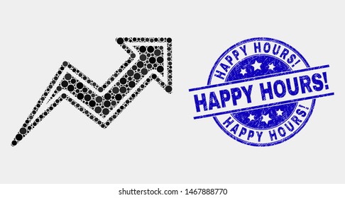 Pixel trend arrows mosaic pictogram and Happy Hours exclamation stamp. Blue vector round grunge seal stamp with Happy Hours exclamation title. Vector collage in flat style.