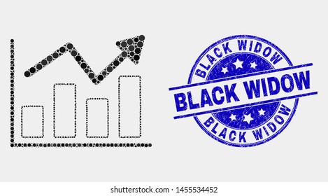 Pixel trend chart mosaic pictogram and Black Widow seal stamp. Blue vector rounded distress seal stamp with Black Widow phrase. Vector composition in flat style.