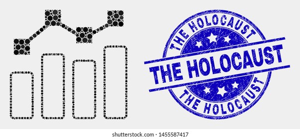 Pixel trend chart mosaic pictogram and The Holocaust seal stamp. Blue vector rounded textured watermark with The Holocaust message. Vector combination in flat style.