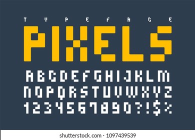 Pixel trendy typeset, simple font, system computer script. Original design. Vector illustration