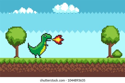 Pixel t-rex on outdoor walking vector illustration, set of pixel trees and bush, green grass, white cute clouds, brown ground, dinosaur with flame