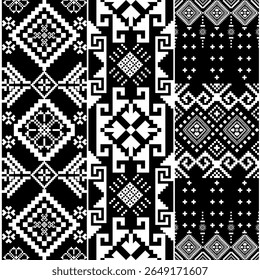 Padrão tribal de pixels em preto e branco em negrito com um plano de fundo escuro. O forte contraste visual o torna adequado para designs arrojados, moda e gráficos editoriais.