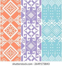 Pixel tribal pattern in soft pastel tones — orange, violet, and light blue. Modern take on traditional ethnic motifs, perfect for fresh design concepts in fashion, packaging, and print.