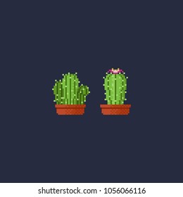 Pixel triple and single cactus with the pink flower.pixel art vector illustration.