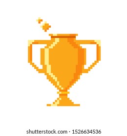 Pixel trophy cup. Award icon isolated on white background. Golden vinner’s cup. Game champion concept. A feather in one's cap. Vector illustration.